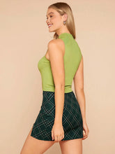 Letter Graphic Mock Neck Tank Top & Plaid Skirt Set